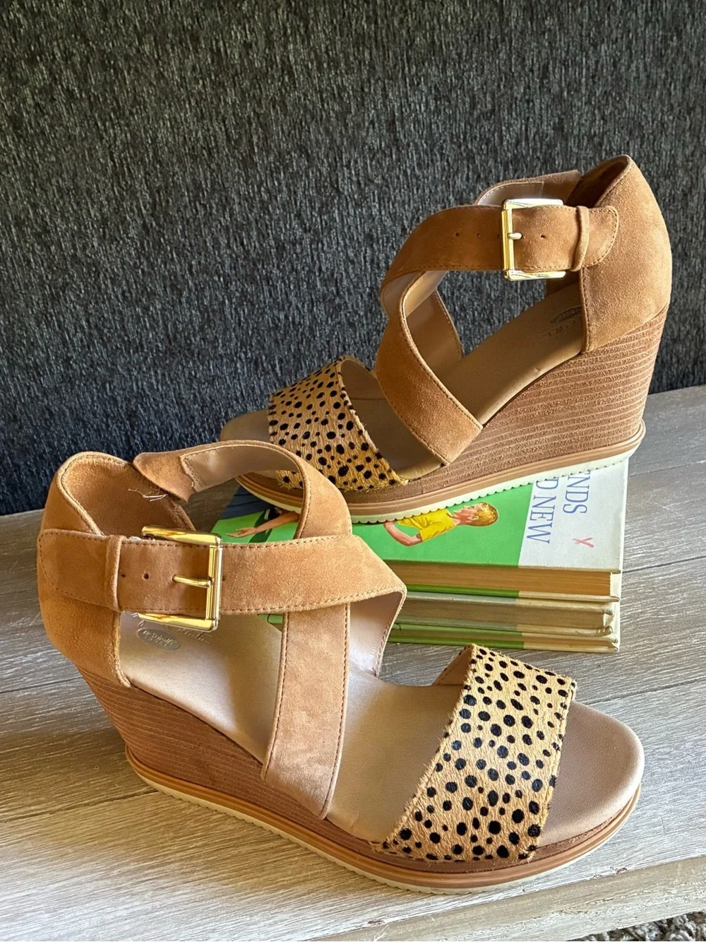 Dr Scholls Sweet Escape Wedge Sandals With Tan Suede And Animal Print Toe Strap